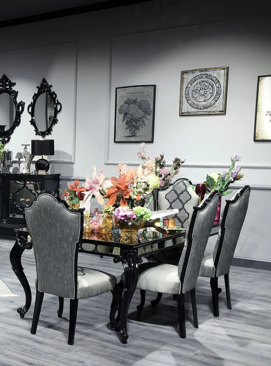 Luxury Baroque Dining Room Set Silver / Gray / Black - 1 Dining Table & 6 Dining Chairs - Dining Room Furniture in Baroque Style - Luxury Quality - Made in Italy