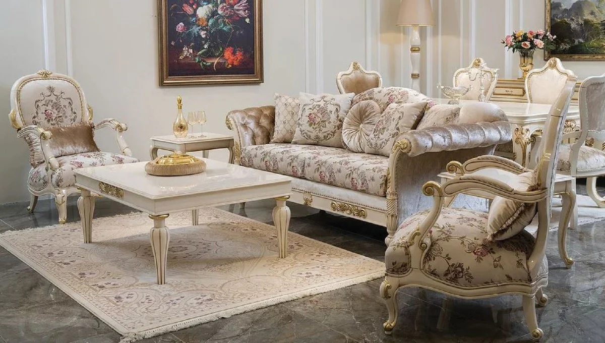 Luxury Baroque Living Room Set Cream / Pink / White / Gold - 2 Sofas & 2 Armchairs & 1 Coffee Table - Handmade Living Room Furniture in Baroque Style - Noble & Magnificent