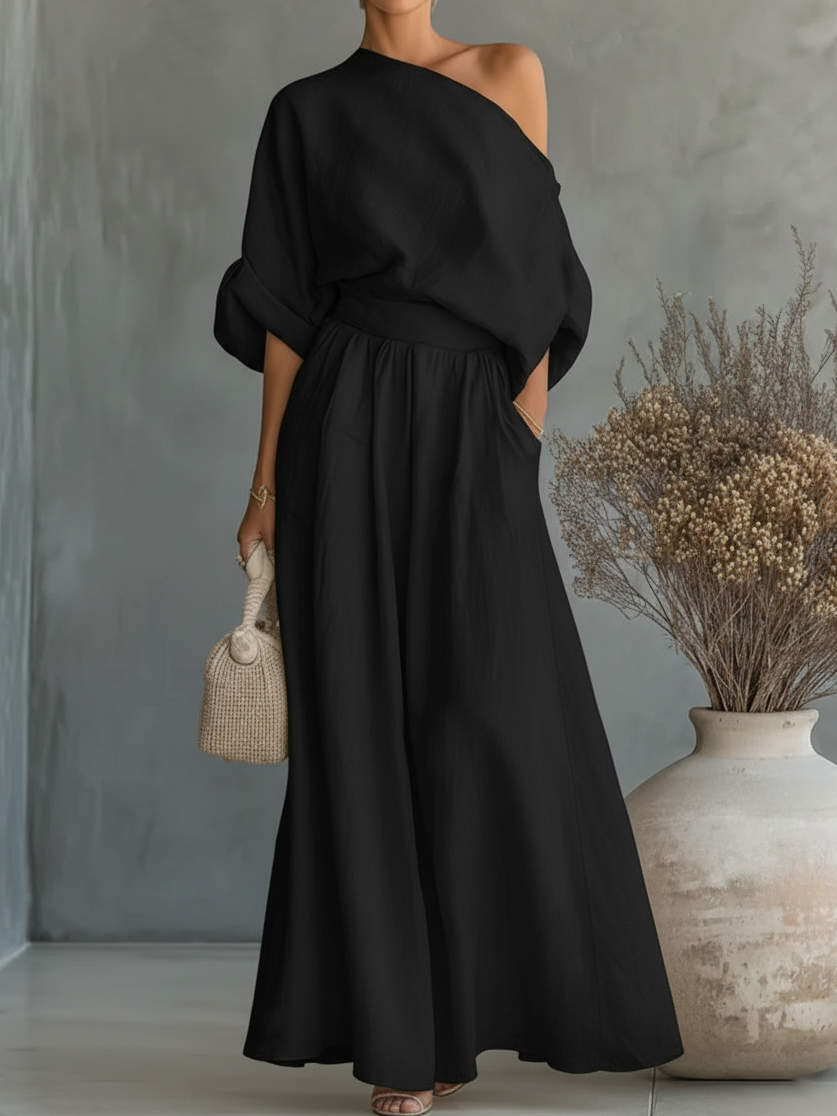 Women's Elegant Off-Shoulder Shirt and Wide-Leg Pants Two-Piece Set - Nordfashionstorm - Women's Clothing, Fashion for You - Nordfashionstorm.com