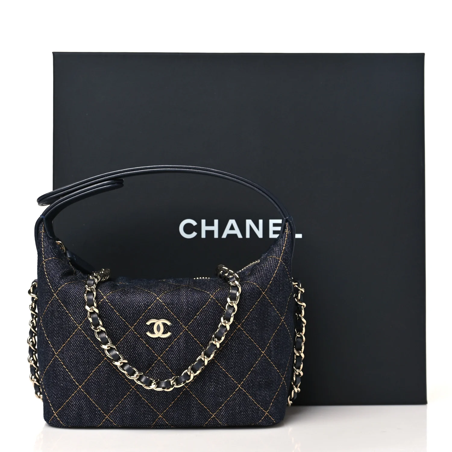 Denim Quilted Hobo Clutch With Chain Dark Blue Orange - Top Club