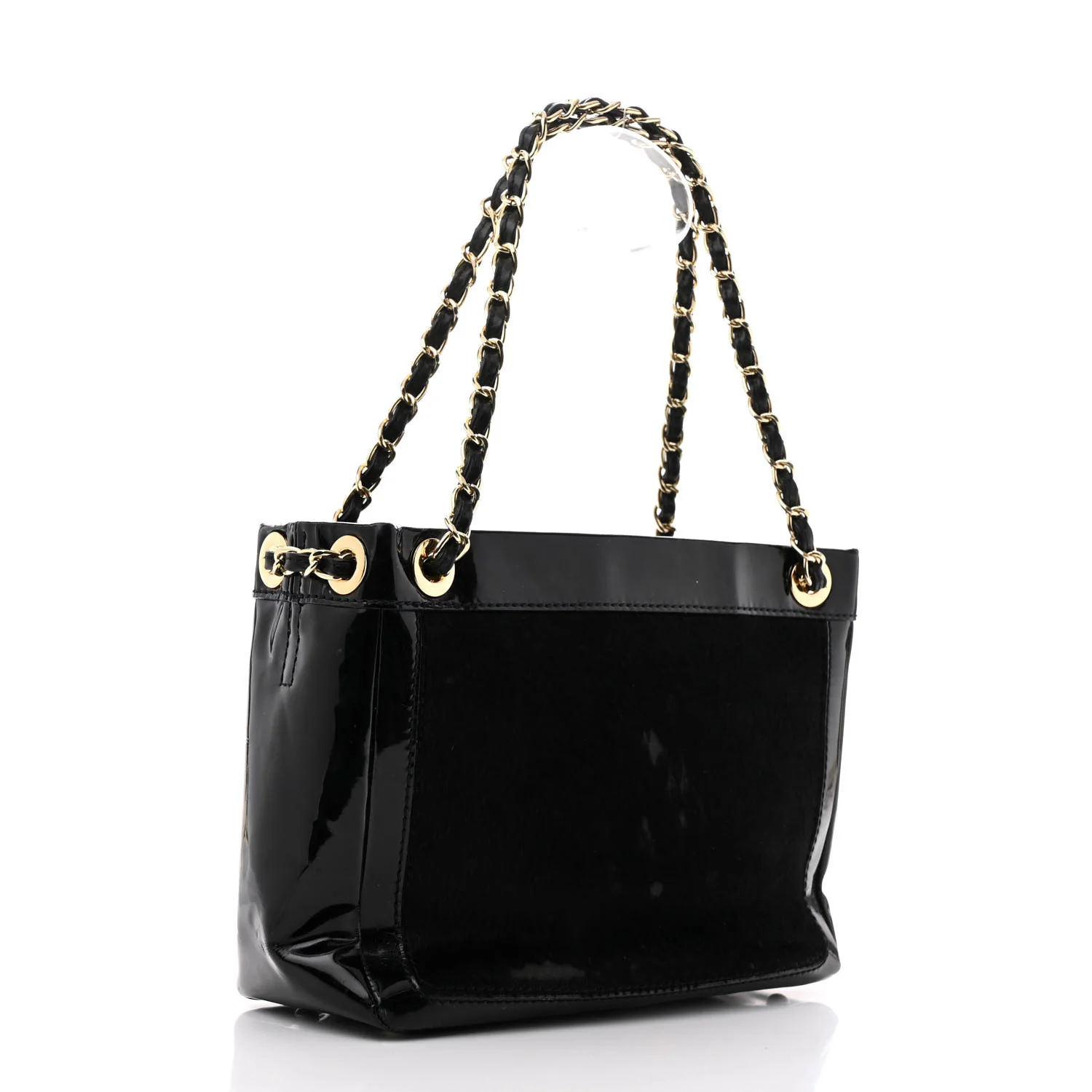 Patent Pony Hair Small Pocket Tote Black - Top Club