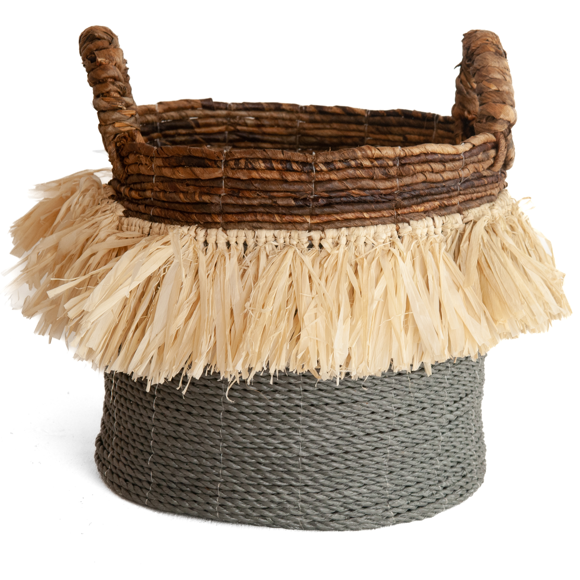 Seagrass waterhyacint mand met raffia naturel/grijs L