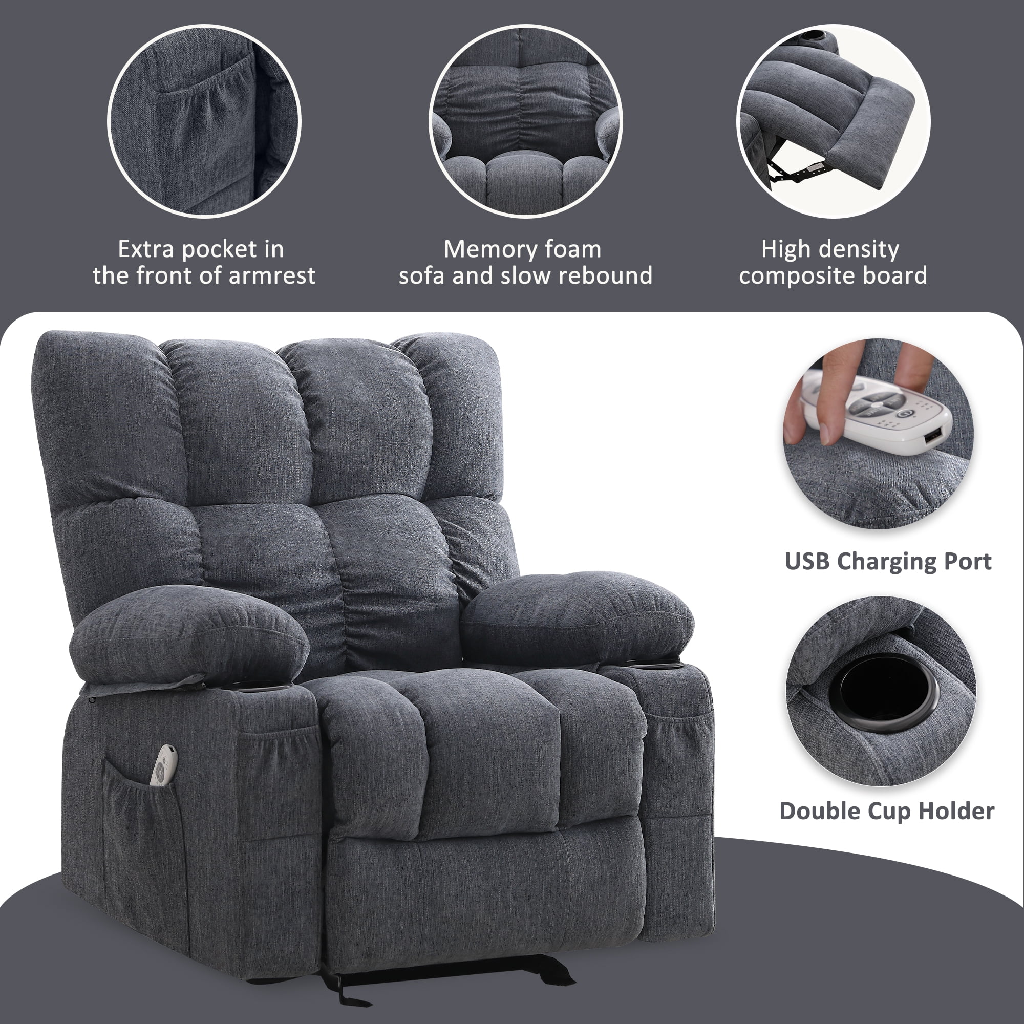 JONPONY Manual Recliner Chair with Heat Therapy and Massage Function, Heavy Duty Reclining Mechanism Massage Chair, Elderly Single Rocker Sofa with Cup Holders for Bedroom Home Theater, Grey