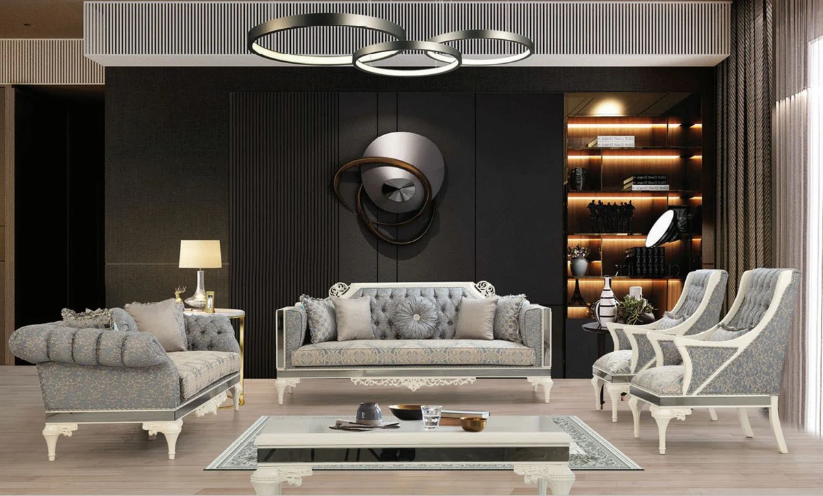 Luxury Baroque Chesterfield Sofa Gray / Beige / White - Magnificent living room sofa with decorative pillows - Baroque living room furniture
