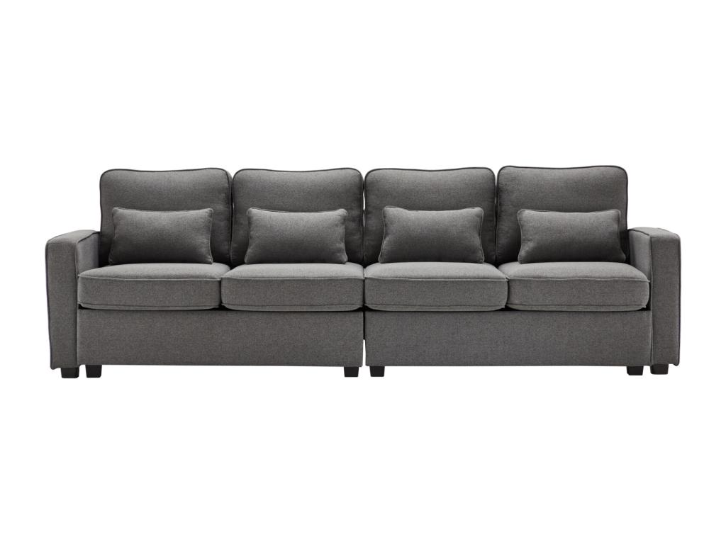 Sofá de 4 plazas, 264x83x87cm, tela de lino, con bolsillos en reposabrazos y 4 cojines, estilo sencillo, para salón, gris oscuro
