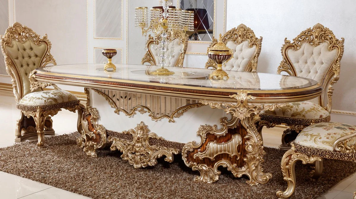 Luxury Baroque Dining Room Set White / Brown / Gold - 1 Baroque Dining Table & 6 Baroque Dining Room Chairs - Baroque Dining Room Furniture - Luxury Furniture in Baroque Style - Noble & Magnificent - Luxury Quality
