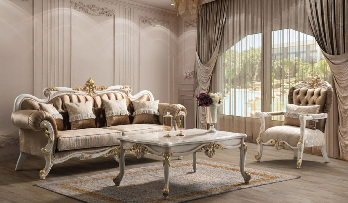 Luxury Baroque Living Room Set Brown / Silver / White / Gold - 2 Sofas & 2 Armchairs & 1 Coffee Table - Handmade Living Room Furniture in Baroque Style - Noble & Magnificent