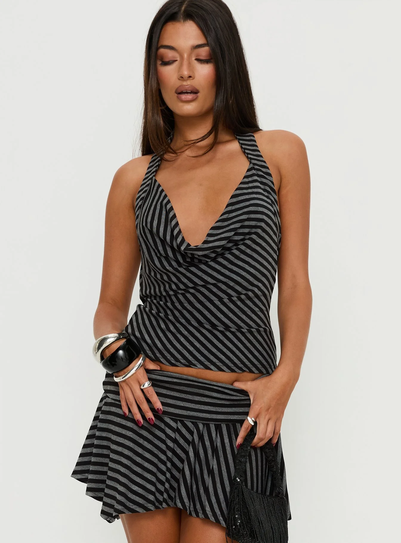 Dyana Cowl Neck Top Grey / Black Stripe