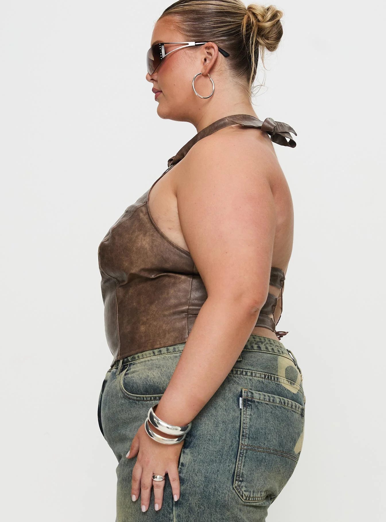 Treat You Better Ring Detail Faux Leather Top Brown Curve