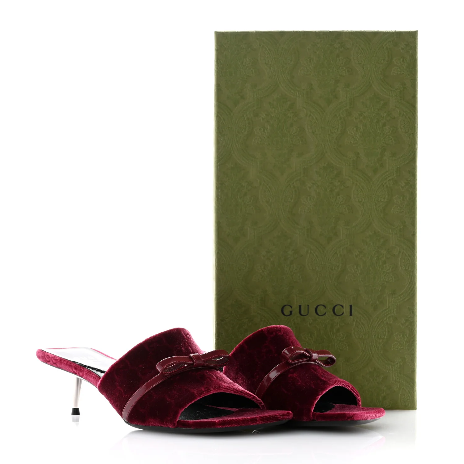 New Velvet Ashmir Regent Calfskin GG Monogram Square Toe Bow 45mm Slide Sandals 35.5 Red Grape - Top Club