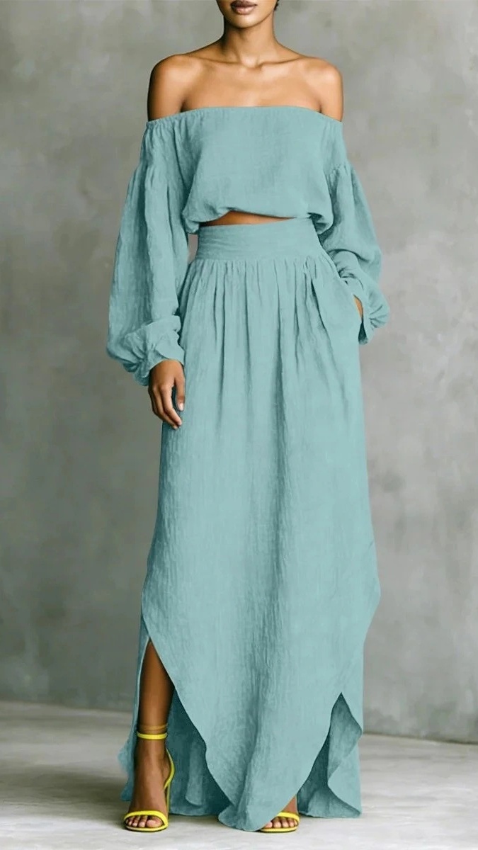 Women's casual off-shoulder top and asymmetrical skirt two-piece set - Nordfashionstorm - Women's Clothing, Fashion for You - Nordfashionstorm.com
