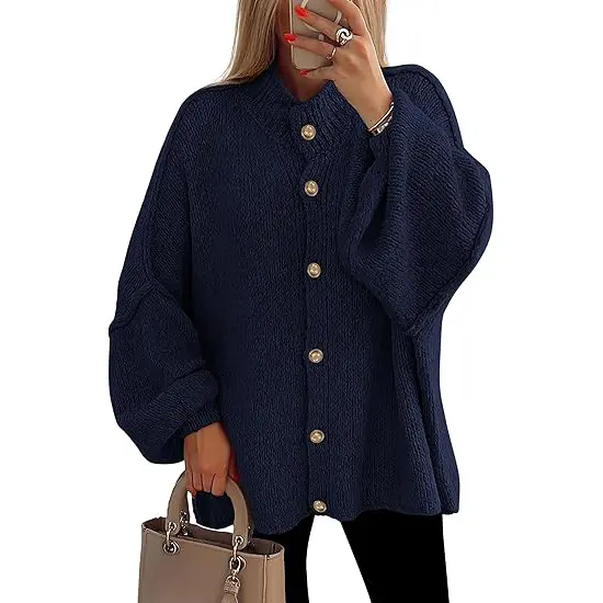 PrettyGarden Women's Winter Button Down Cardigan Sweaters Mock Neck Lantern Long Sleeve Chunky Knit Jacket Trendy Outerwear