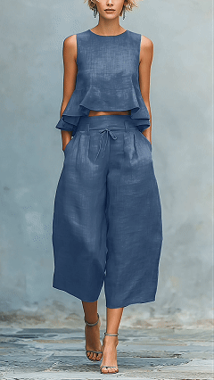 Women's two-piece linen blend set with ruffled trim. - Nordfashionstorm - Women's Clothing, Fashion for You - Nordfashionstorm.com