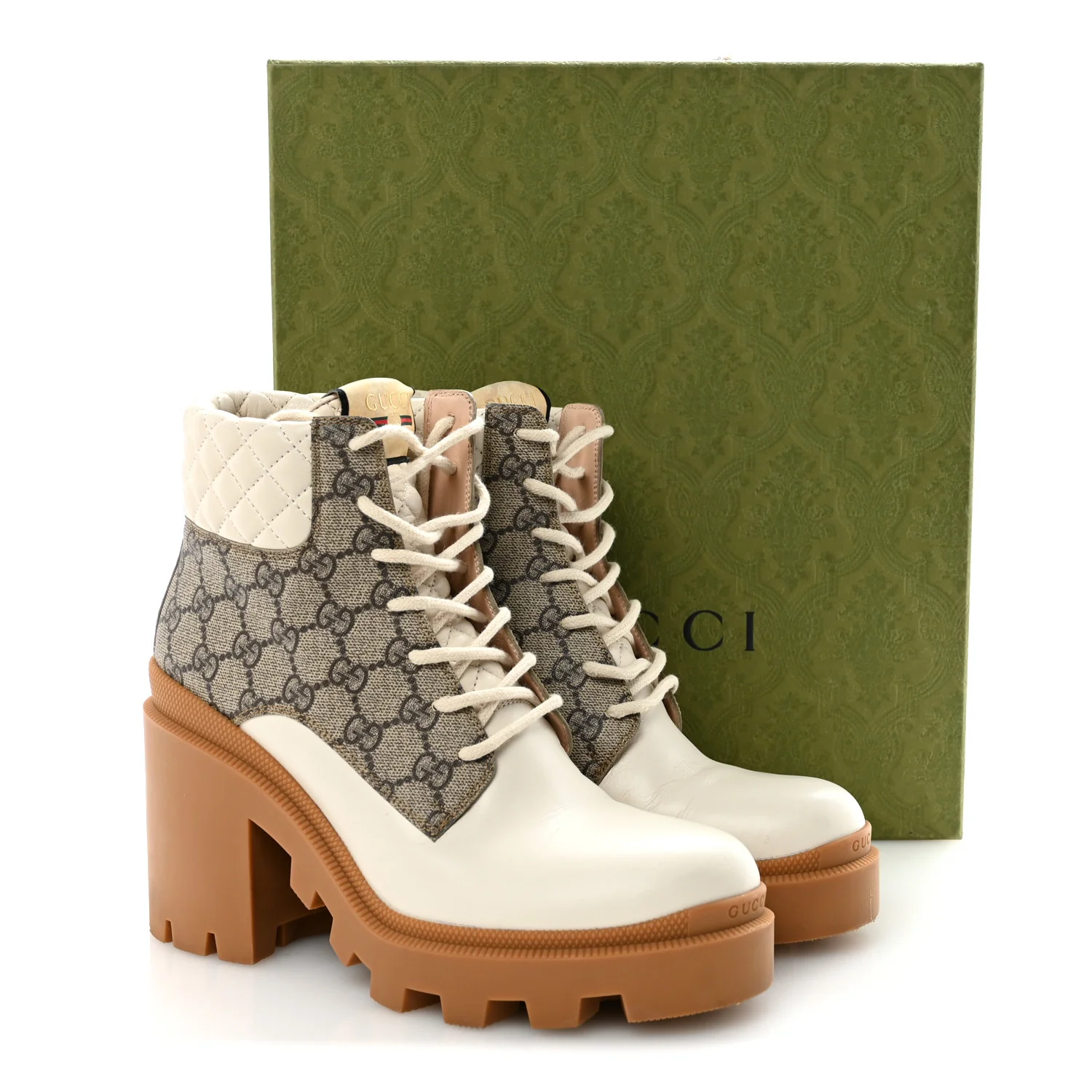 Apollo Calfskin GG Supreme Nappa Samoa Quilted Lace Up Ankle Boots 40 Mystic White Beige Ebony - Top Club