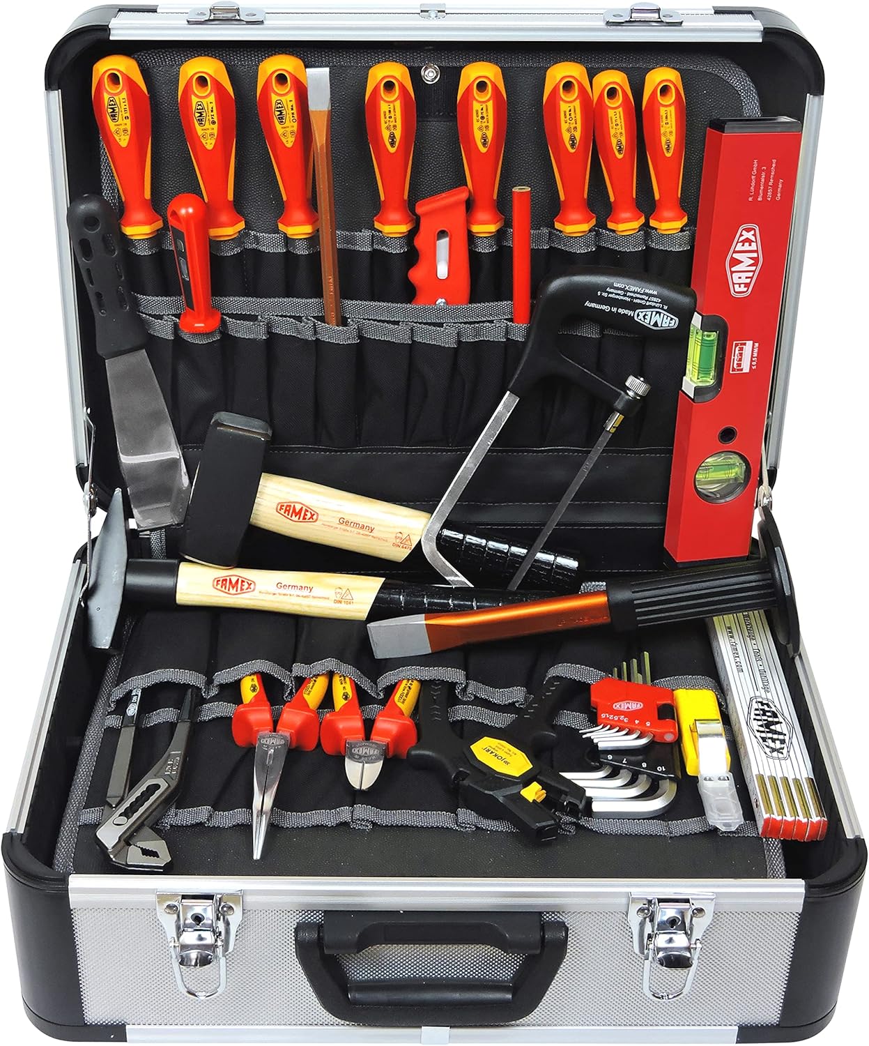 FAMEX 478-10 - Cassetta degli attrezzi professionale in alluminio con set di attrezzi di alta qualità per l'elettricista, la maggior parte degli strumenti di produzione tedesca
