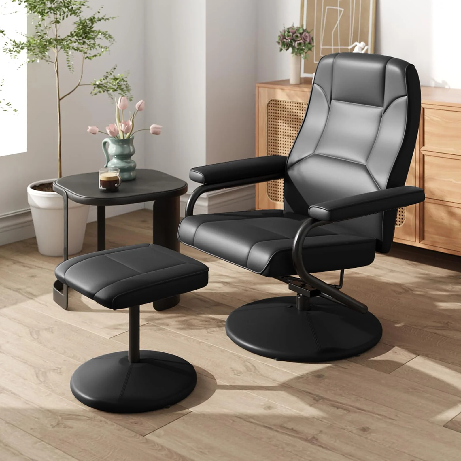 BEFOUNDLOVELY Recliner Chair with Ottoman, 360° Swivel Faux Leather Reclining Chair w/Adjustable Backrest, Footrest