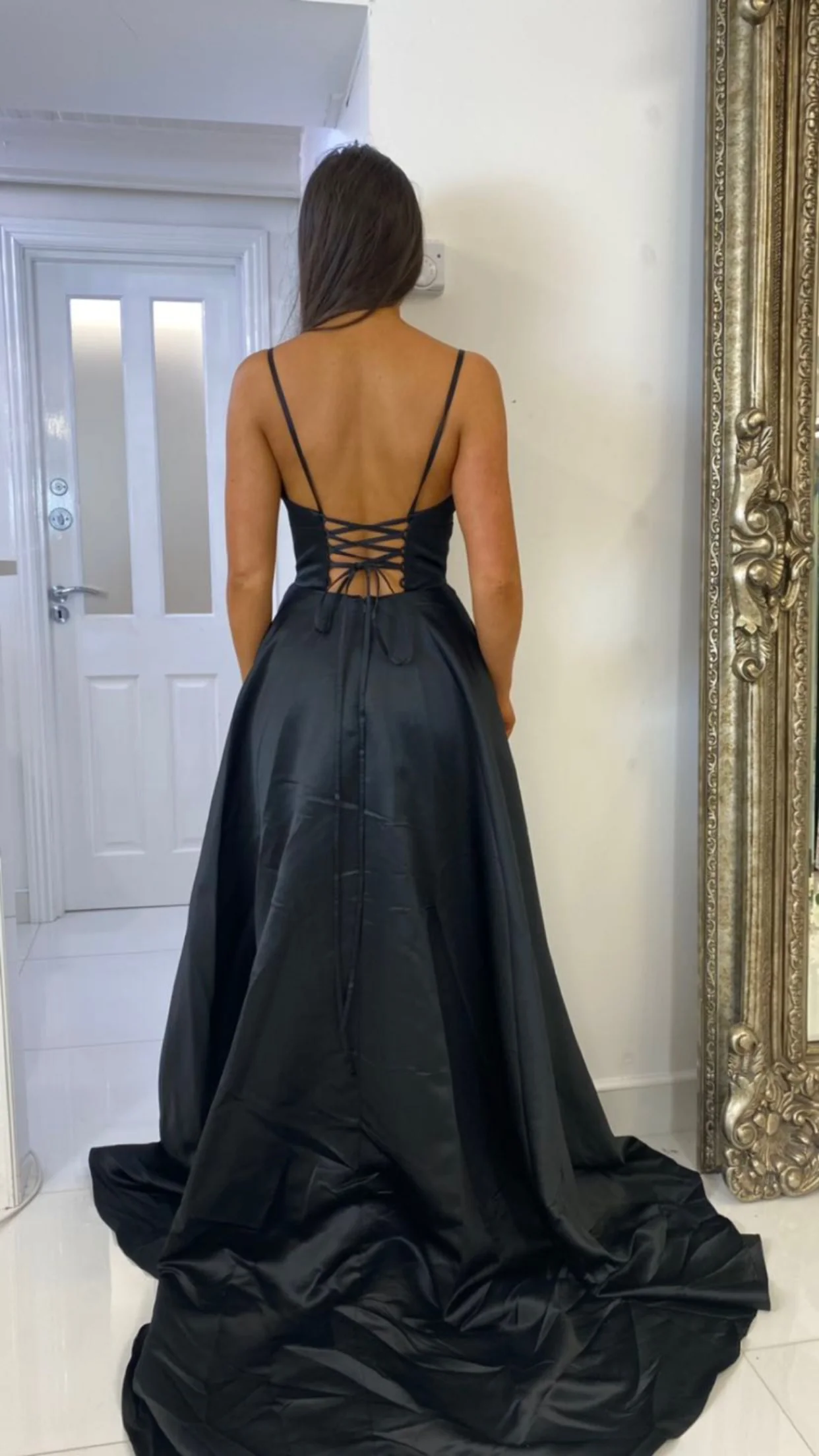 Black Satin Low Cut Corset Ball Gown Prom Dress