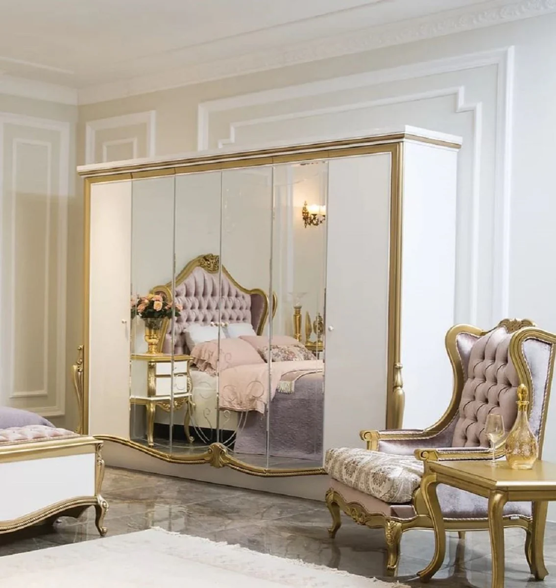 Luxury baroque bedroom wardrobe white / gold 270 x 70 x H. 224 cm - noble solid wood wardrobe - bedroom furniture in baroque style - luxury quality