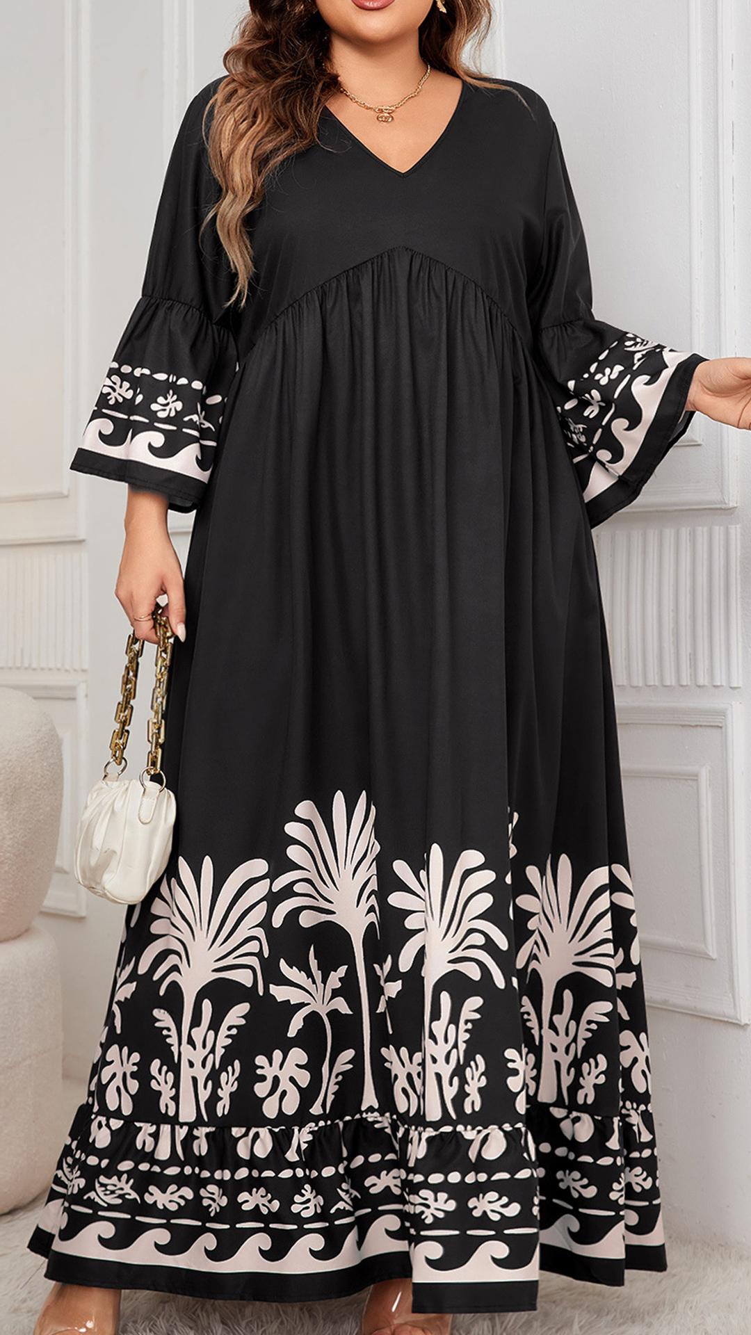 Women's Black & White Botanical Print V-Neck Bell Sleeve Maxi Dress - Nordfashionstorm - Women's Clothing, Fashion for You - Nordfashionstorm.com