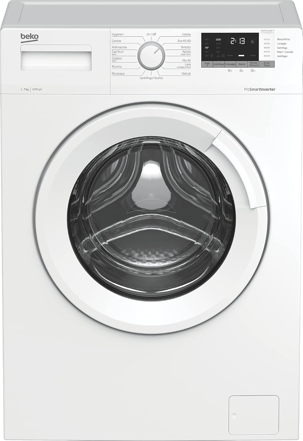 Beko - WUX71232WI-IT - Lavatrice Standard 7 Kg, 1200 giri/min, 15 Programmi, Display Smart Touch - Bianco, 60 x 49 x h84cm