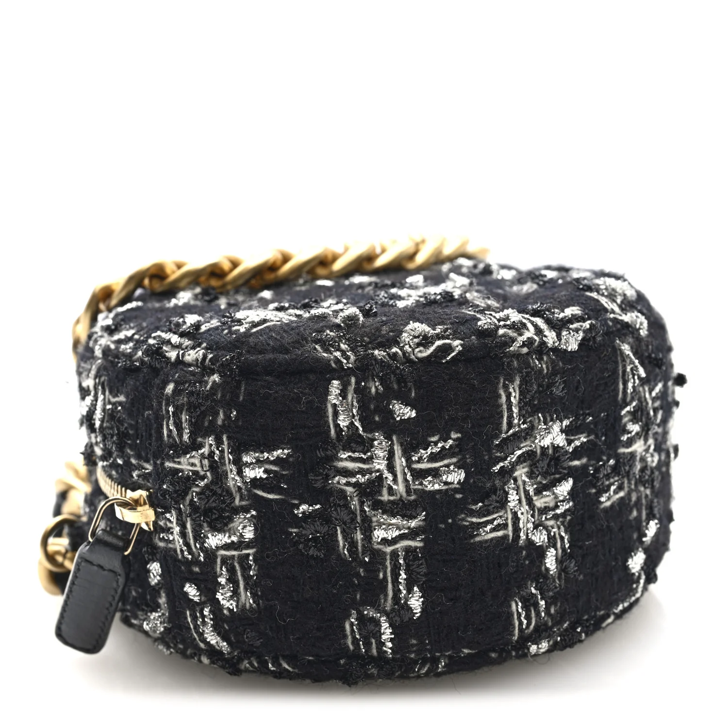 Tweed Quilted 19 Round Clutch With Chain Black White - Top Club