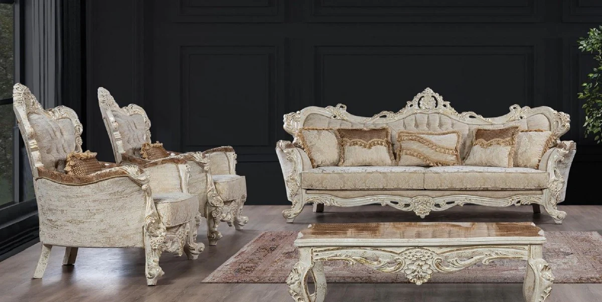 Luxury Baroque Living Room Set Beige / Brown / Antique White / Gold - 2 Baroque Sofas with Pattern & 2 Baroque Armchairs with Pattern & 1 Baroque Coffee Table - Baroque Living Room Furniture