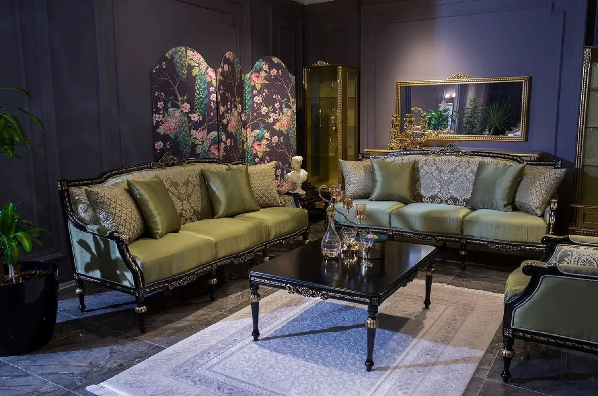 Luxury baroque living room set green / black / gold - 2 baroque sofas & 2 baroque armchairs & 1 baroque coffee table - living room furniture in baroque style - baroque furniture - baroque furnishings
