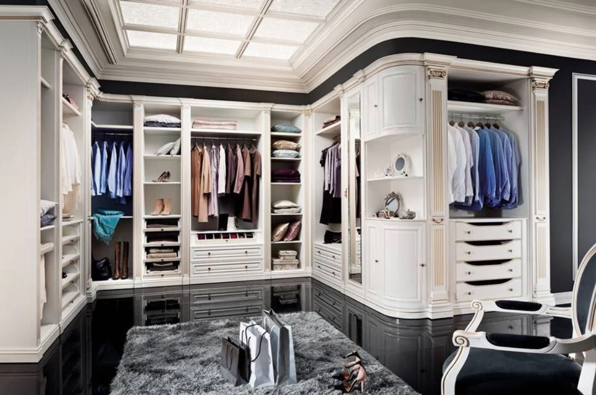 Luxury baroque wardrobe white / gold - open walk-in solid wood wardrobe - elegant bedroom wall unit - hotel furniture - bedroom furniture - luxury quality