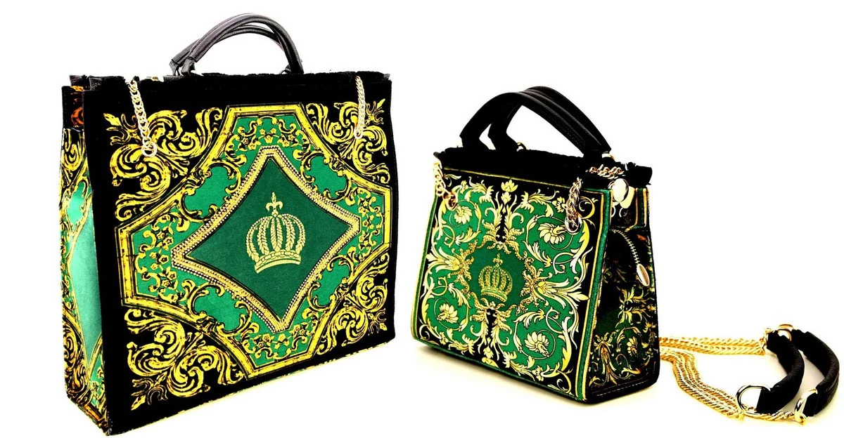 Pompöös by Luxus women's handbag set Baroque Flowers with crown and rhinestones green / black / gold - Pompöös women's handbags designed by Harald Glööckler