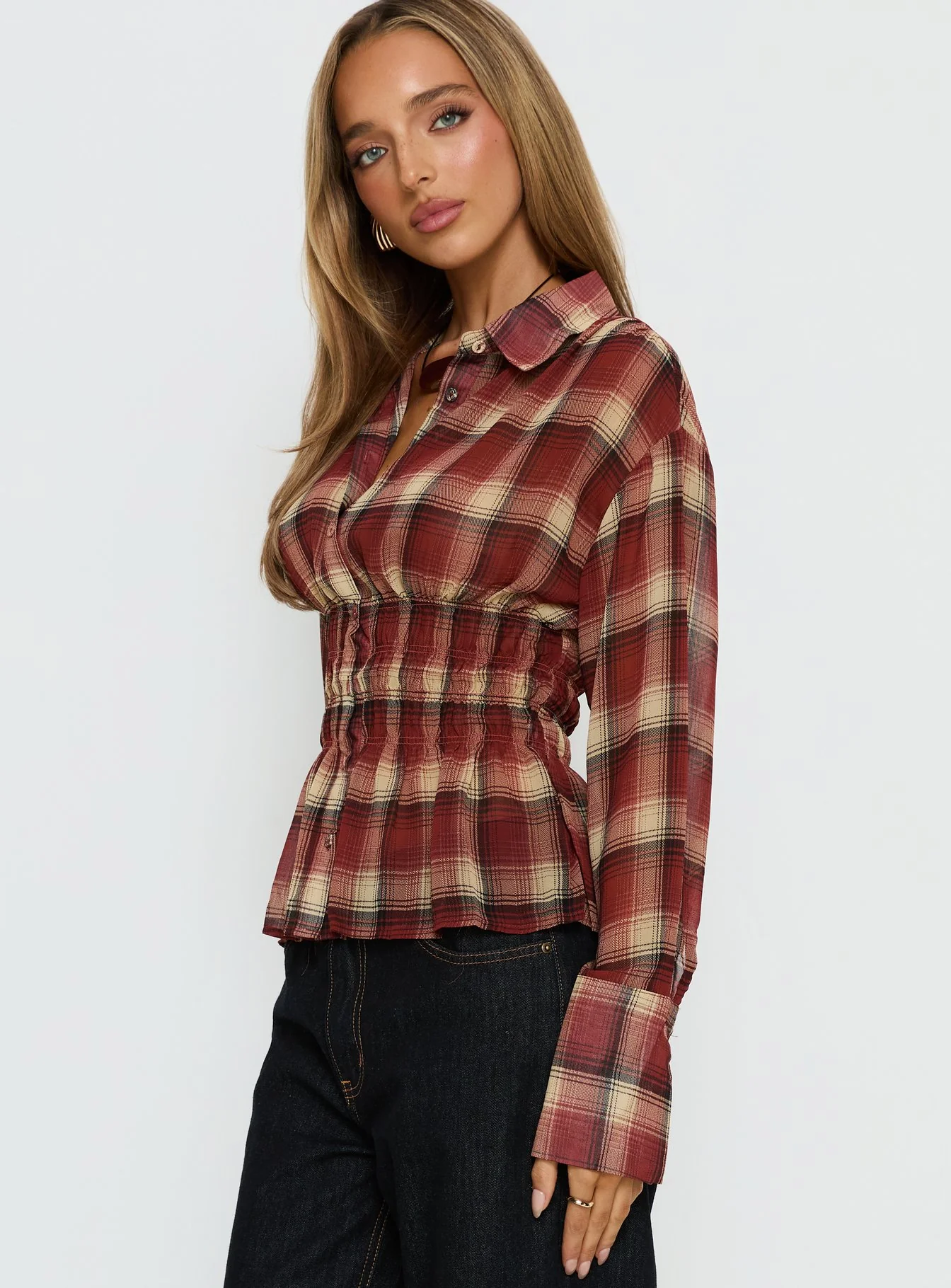 As You Are Shirred Button Up Top Red Check