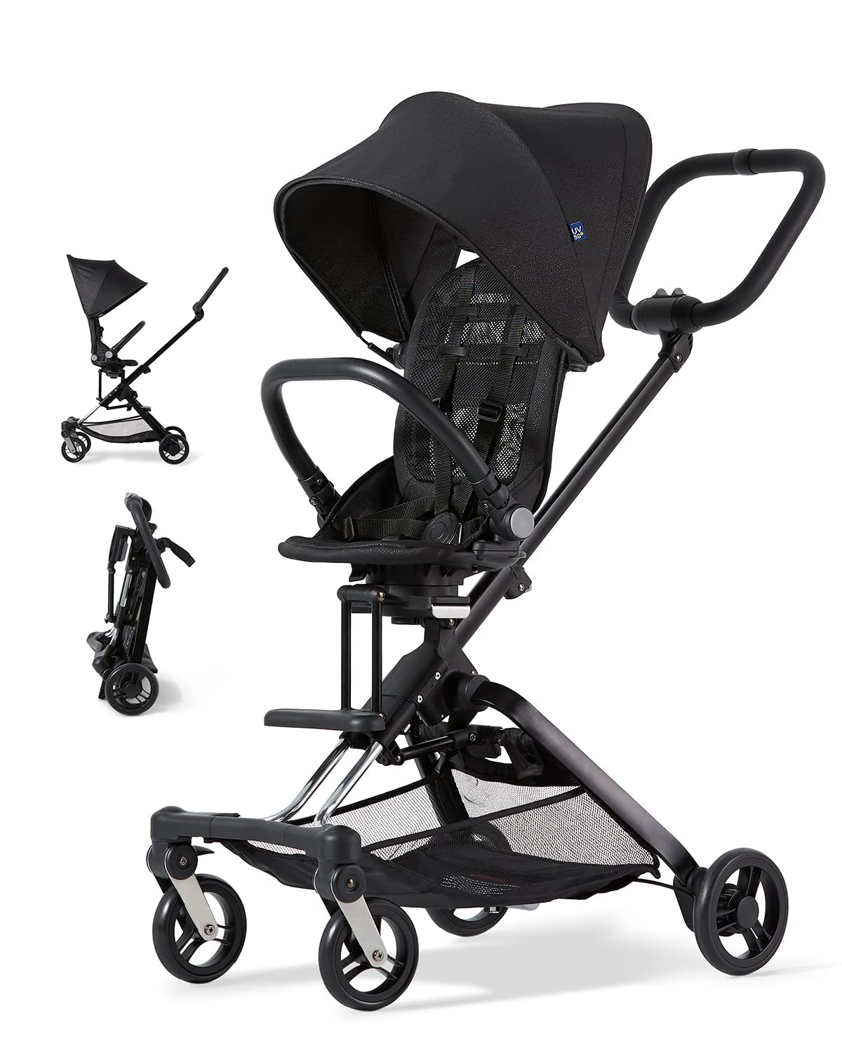 Unilove On The Go 3-in-1 Lightweight Travel Scooter with Reversible Toddler Seat - Travel Scooter for Toddlers Aged 1-3 - Compact Baby Scooter for Travel - Foldable, Durable, Safe - Midnight Black