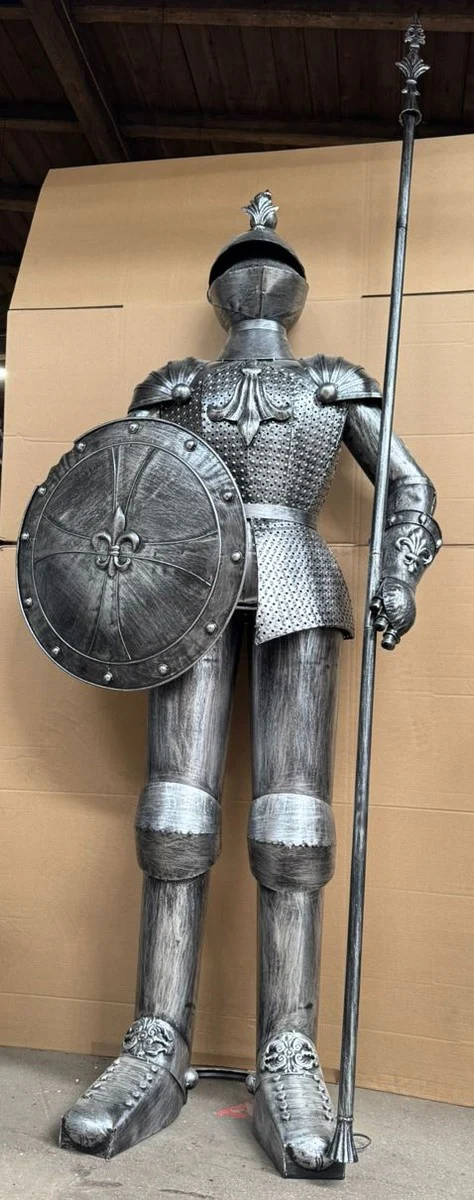 Decorative knight's armor with shield & lance antique silver H. 247 cm