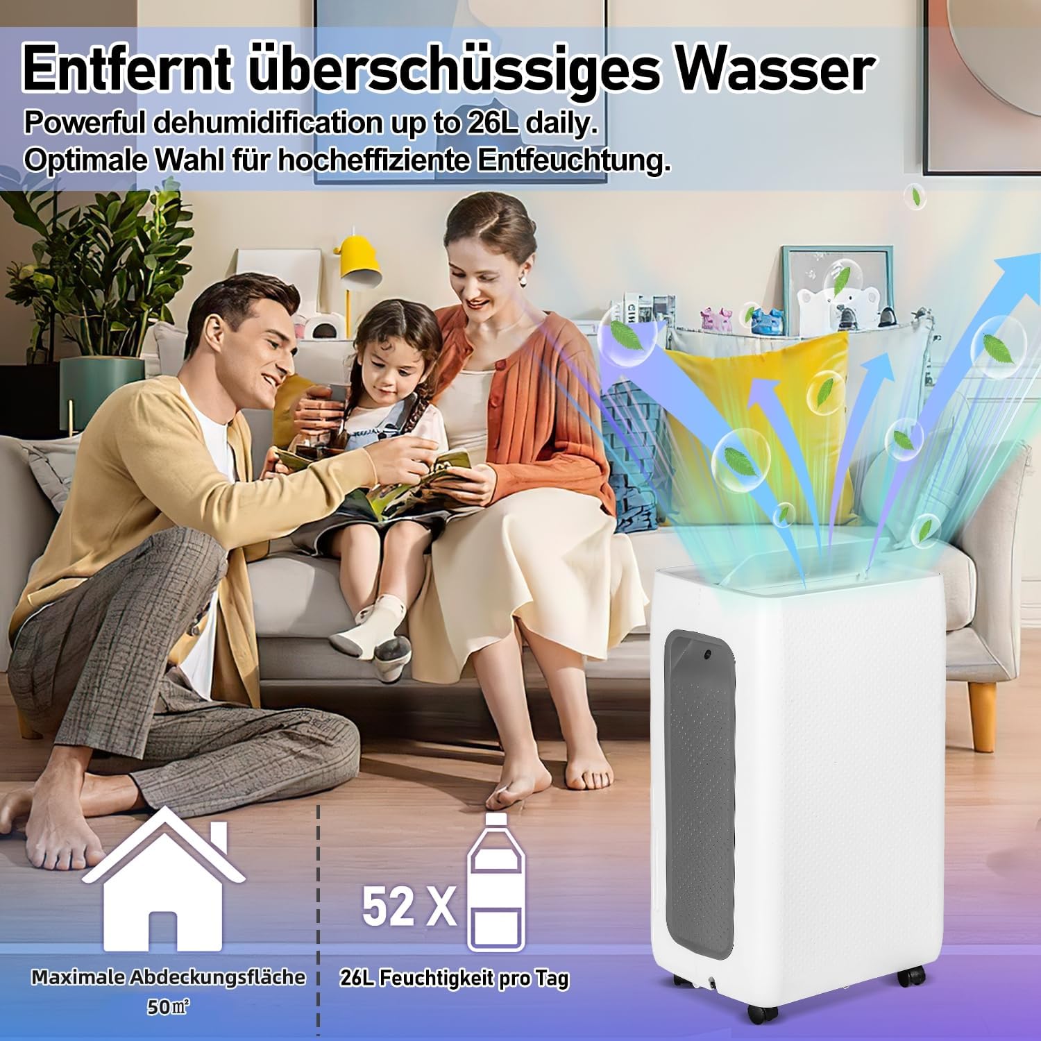 Deumidificatore Casa 26L/24h, Adatto fino a 30㎡, Deumidificatore Elettrico con 3 Modalità di Funzionamento, Timer 24H, Funzione di Sbrinamento, Ruote Piroettanti