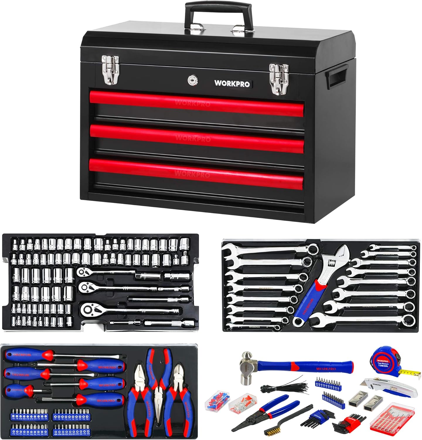 WORKPRO Cassetta degli Attrezzi da Lavoro Completa 408 Pezzi, Set di Attrezzi, Valigia Porta Utensili, Set Strumenti per Fai da Te
