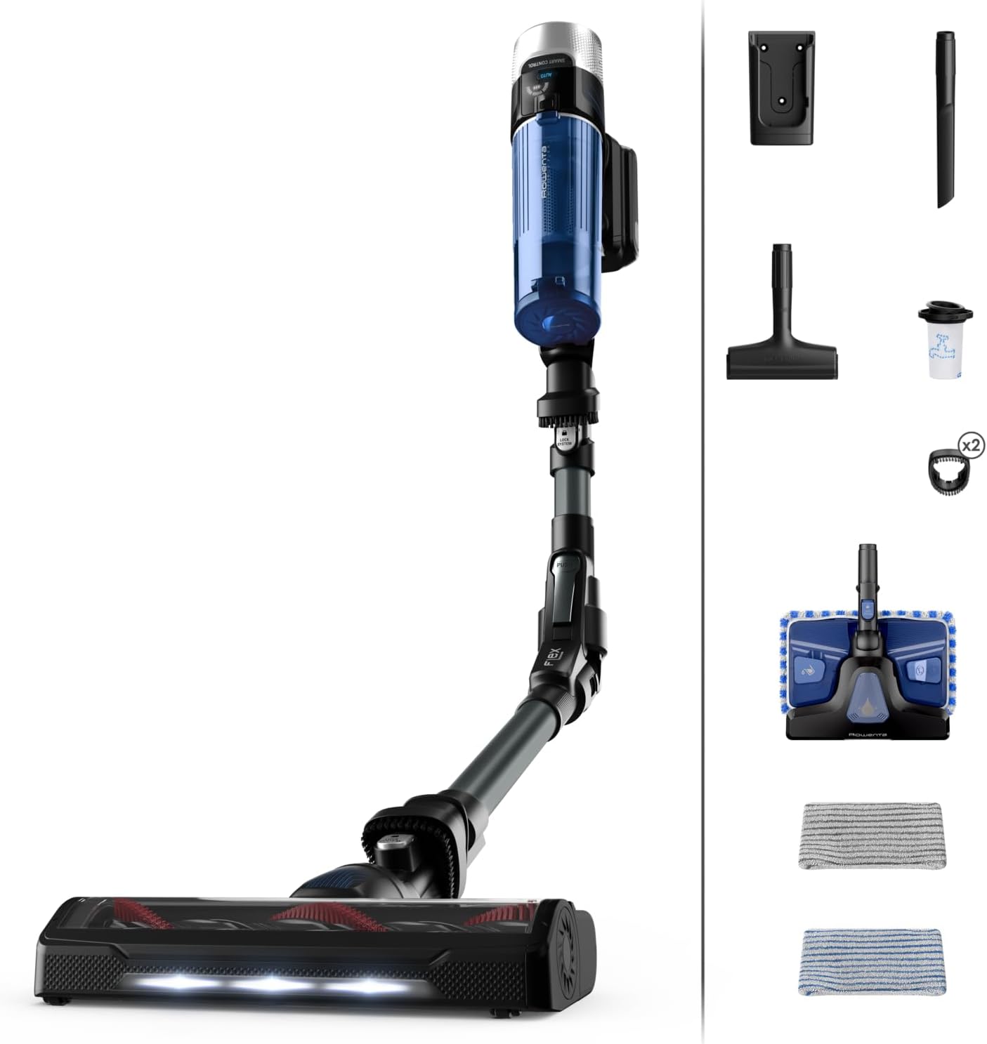 Rowenta Xforce Flex 9.60 AQUA, Aspirapolvere Senza Fili Lava e Aspira, Potente, batteria fino a 45min di autonomia, Tecnologia Flex, Regolazione Automatica a Potenza, Smart Display, RH20C2