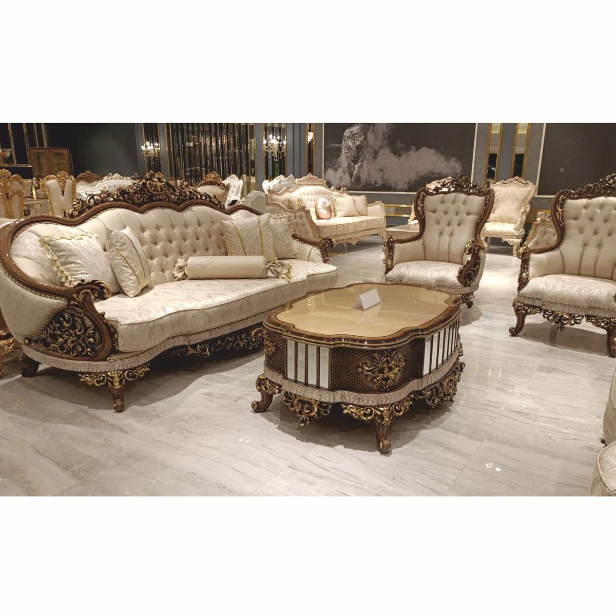 Luxury baroque coffee table beige / brown / gold 125 cm - baroque style living room furniture