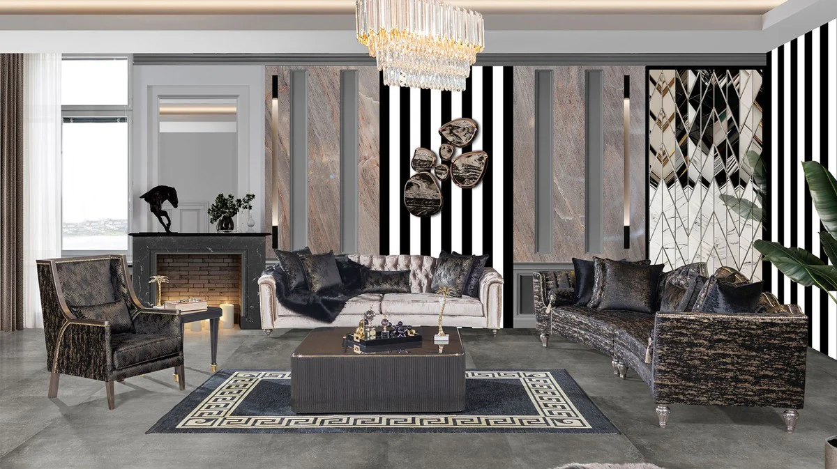Luxury Baroque Sofa Black / Gold / Silver - Curved Living Room Sofa - Hotel Sofa - Luxury Baroque Living Room & Hotel Furniture
