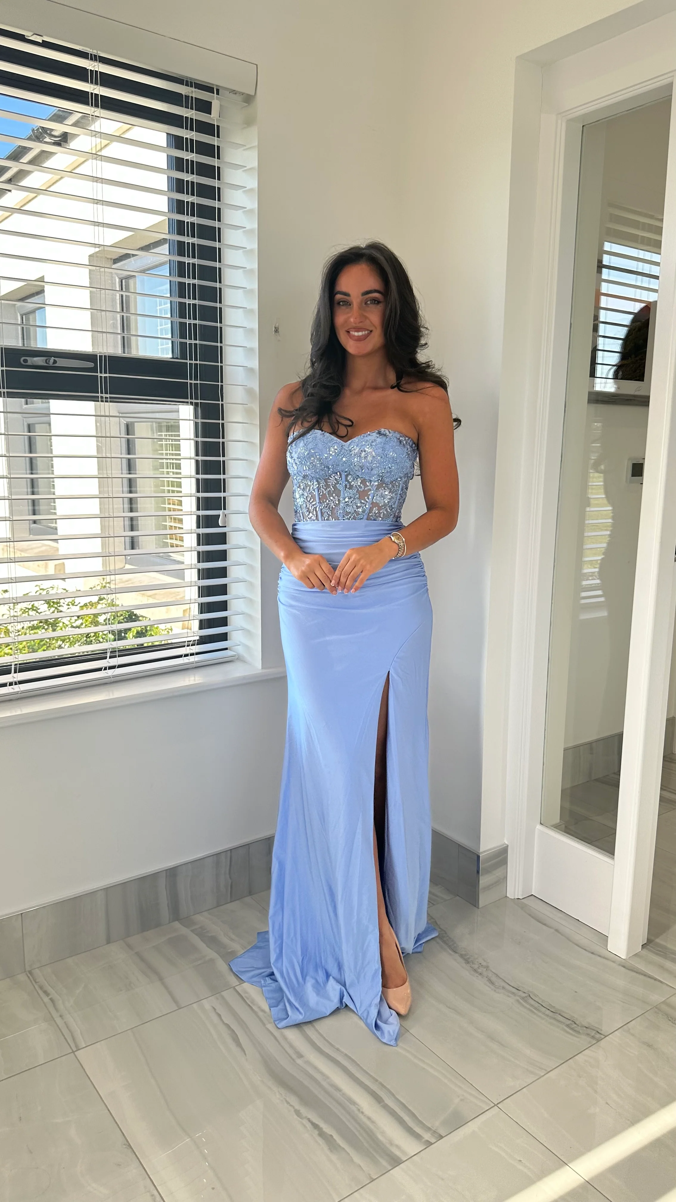 Baby Blue Strapless Ruched Bottom Gown