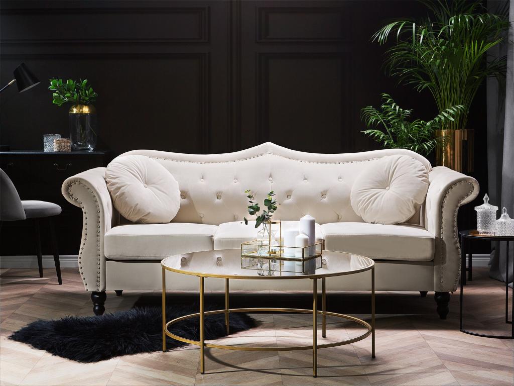 Sofá 3 plazas de terciopelo beige SKIEN
