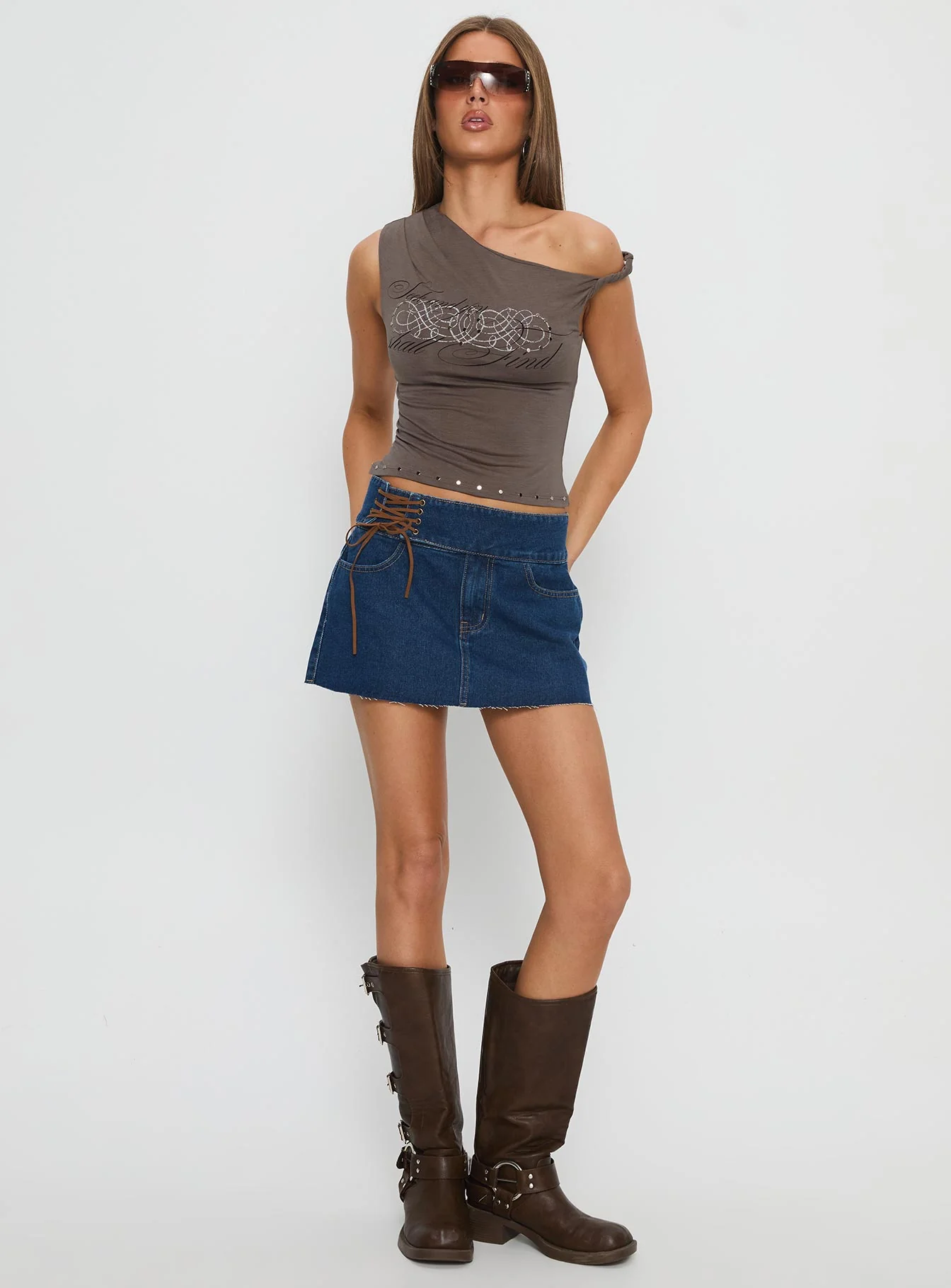 Indie Tie Up Mini Skirt Mid Wash