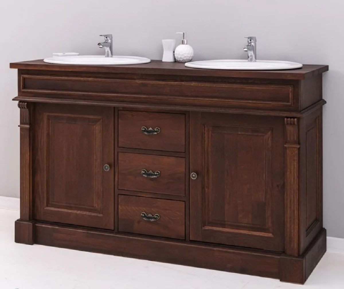 Country house style double sink cabinet with 2 ceramic sinks dark brown / white 150 x 51 x H. 91 cm - Solid wood bathroom furniture in country house style - Country house style furniture