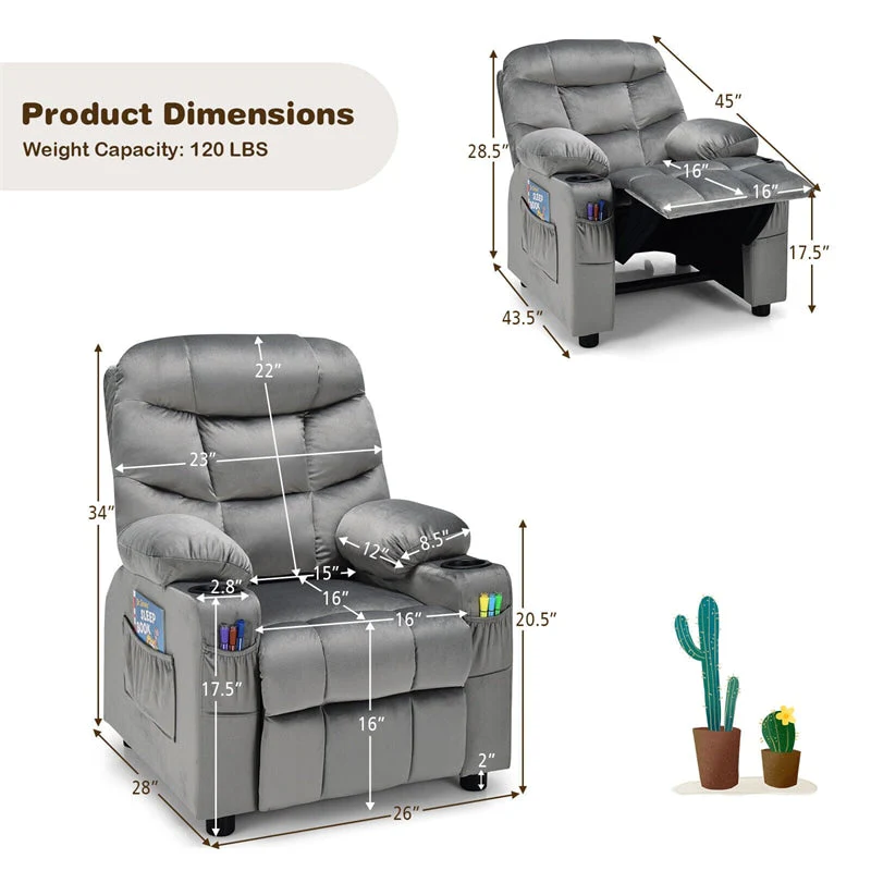 Kids Recliner Chair Adjustable Velvet Lounge Sofa with Cup Holders, 3 Pockets, Retractable Footrest, Toddler Furniture Sofa for Boys Girls Room