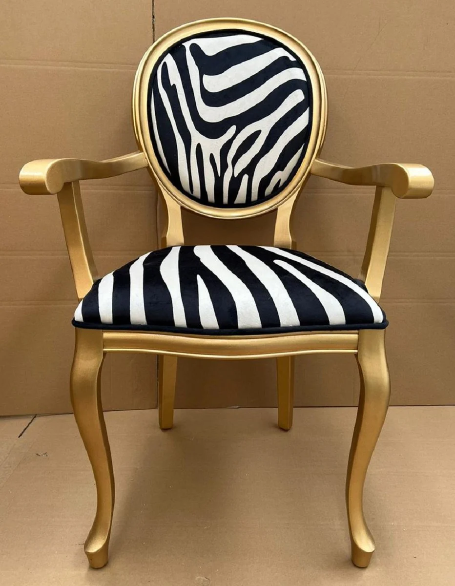 Luxury baroque dining room chair zebra / gold - handmade baroque style chair with armrests and elegant velvet fabric - dining room furniture in baroque style