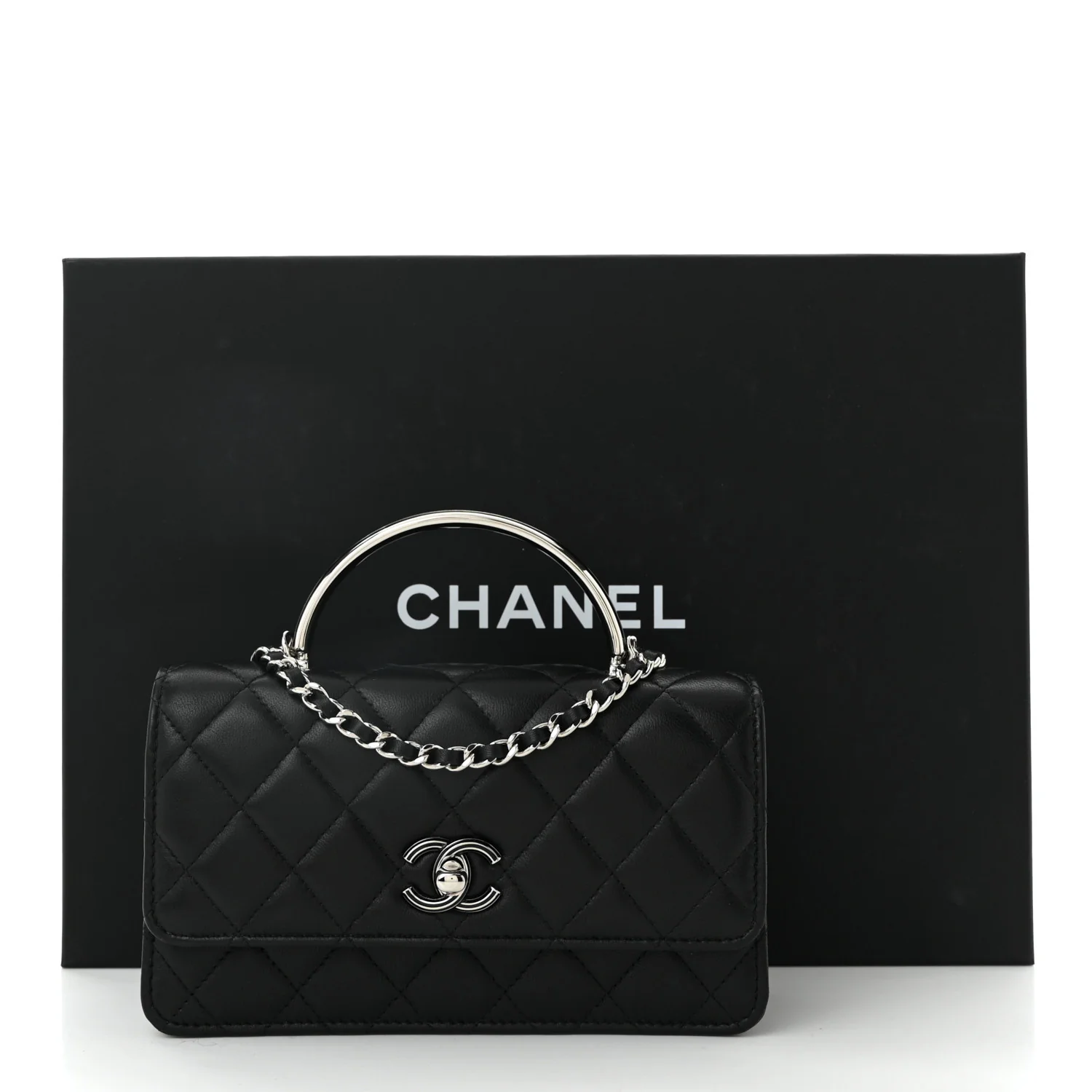 Lambskin Quilted Metal Top Handle Crossbody Flap Black - Top Club