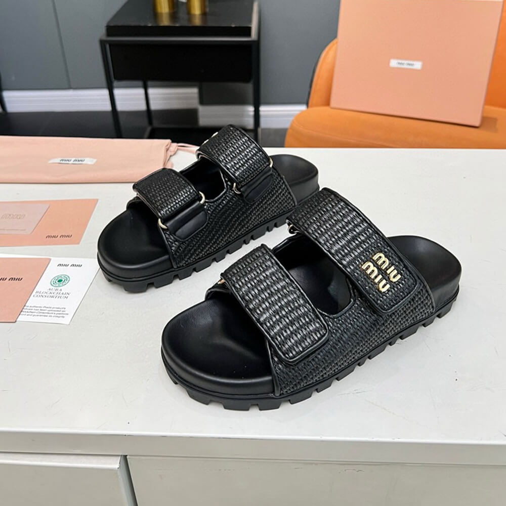 MiuMiu Raffia-effect woven fabric slides - Top Club