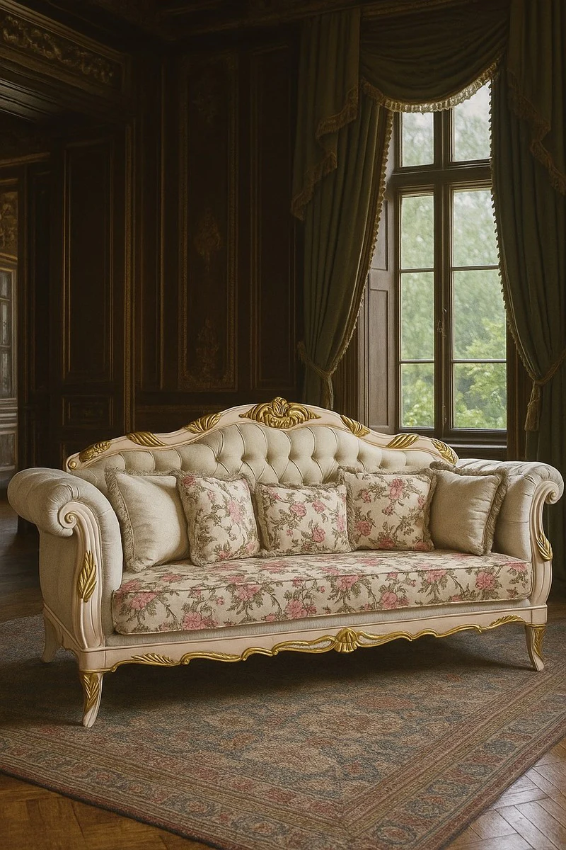 Luxury Baroque Living Room Sofa Cream White / Gold 240 cm - Baroque Furniture