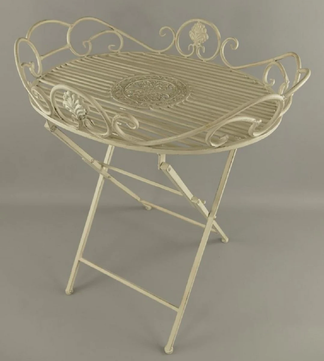 Art Nouveau Garden Side Table Rustic White 63 x 48 x H. 70 cm - Folding Garden Metal Table - Baroque & Art Nouveau Garden Furniture