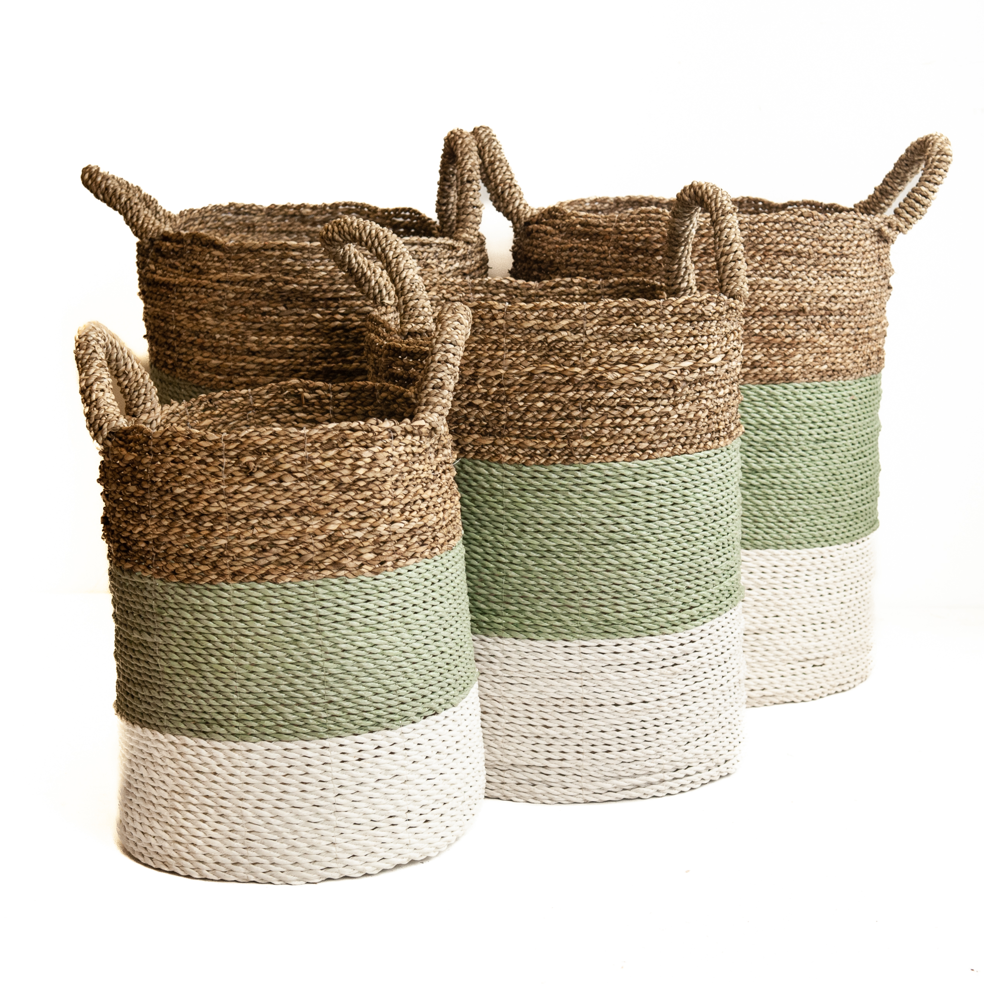 Seagrass gevlochten mand natural/groen-grijs/wit L