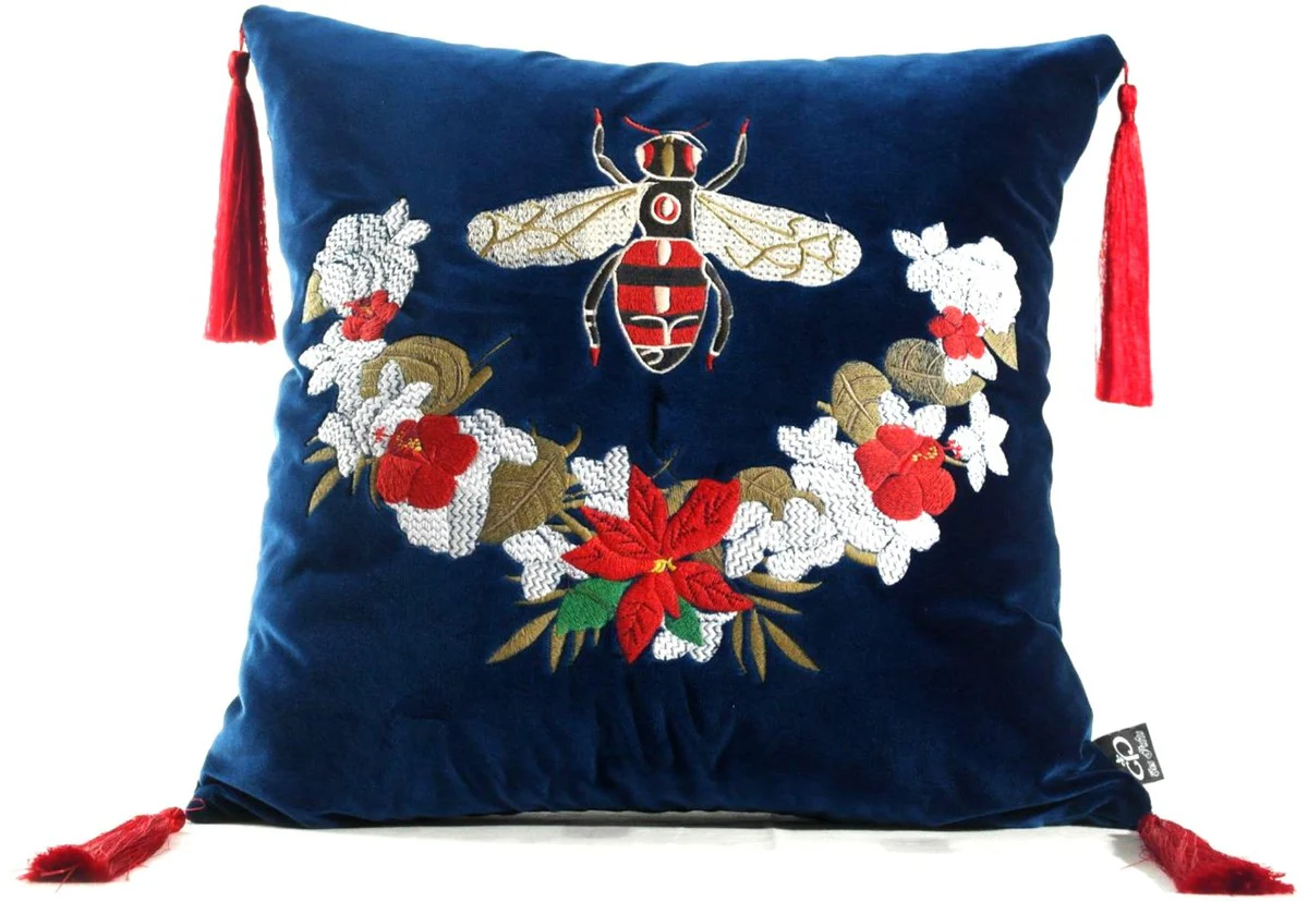 Luxury decorative cushion with tassels Bee blue / multicolored 45 x 45 cm - Finest velvet fabric - Luxury decorative accessories