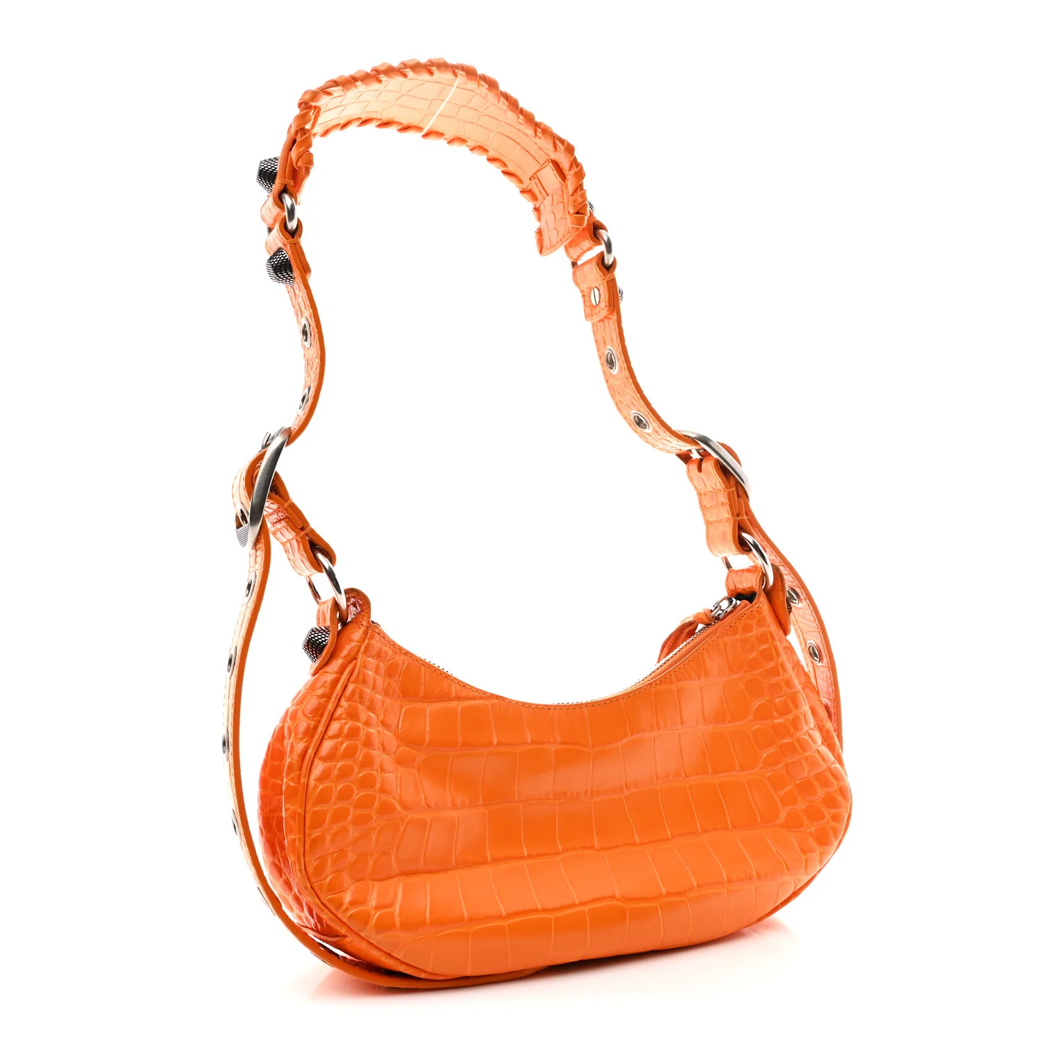 Extra Supple Calfskin Crocodile Embossed Le Cagole Shoulder Bag XS Pop Orange - Top Club